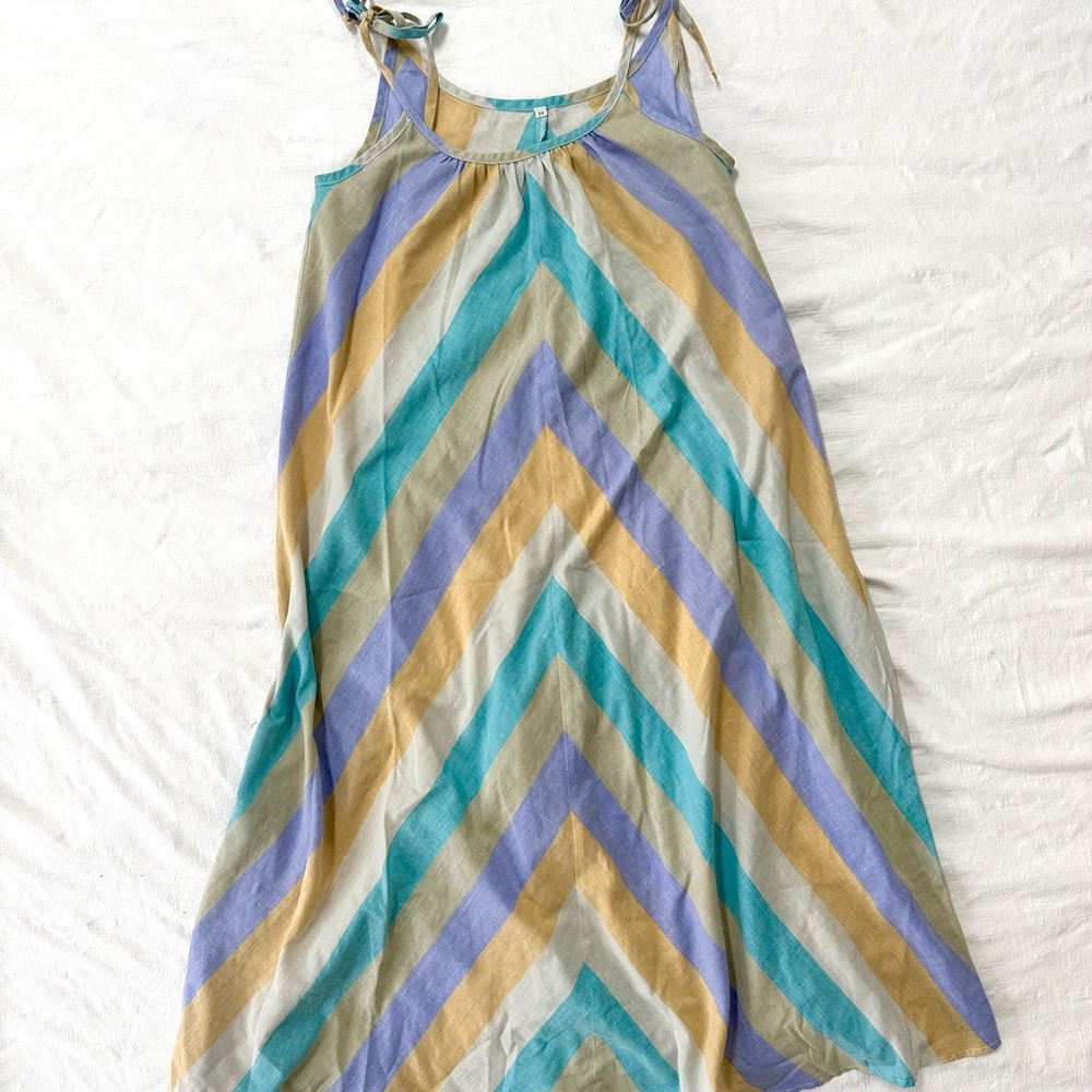 Striped Chevron Tie Strap Linen Blend Midi Dress — Pastel Coastal Summer Dress
